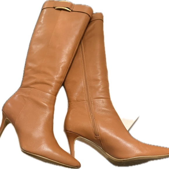Calvin Klein Women’s Glydia Cow Silk Cognac knee high 3” heel boots. Size 8